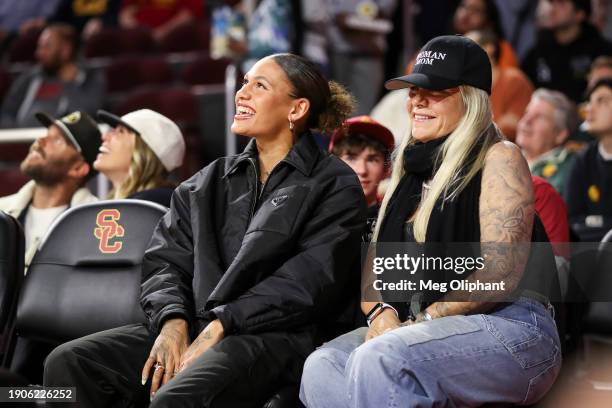 National women's soccer player Trinity Rodman and Michelle Moyer attend the game between the USC Trojans and the California Golden Bears at Galen...