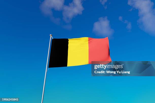 flag of belgium with blue sky background - belgian flag stock pictures, royalty-free photos & images