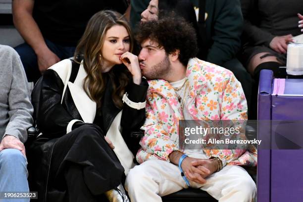 Selena Gomez and Benny Blanco attend a basketball game between the Los Angeles Lakers and the Miami Heat at Crypto.com Arena on January 03, 2024 in...