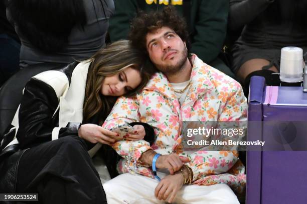 Selena Gomez and Benny Blanco attend a basketball game between the Los Angeles Lakers and the Miami Heat at Crypto.com Arena on January 03, 2024 in...