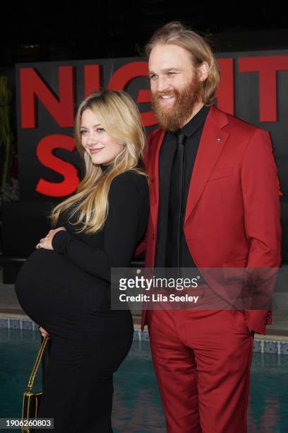 Meredith Hagner and Wyatt Russell attend the Los Angeles Premiere Of Universal Pictures' "Night Swim" at Hotel Figueroa on January 03, 2024 in Los...