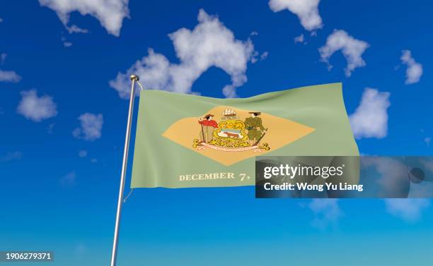 us states of delaware state flag with blue sky background ,3d rendered - bandera de delaware fotografías e imágenes de stock