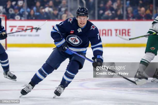 Vladislav Namestnikov of the Winnipeg Jets follows the play down the ice during first period action against the Minnesota Wild at the Canada Life...