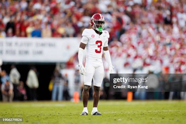 Defensive back Terrion Arnold of the Alabama Crimson Tide defends in coverage during the CFP Semifinal Rose Bowl Game against the Michigan Wolverines...