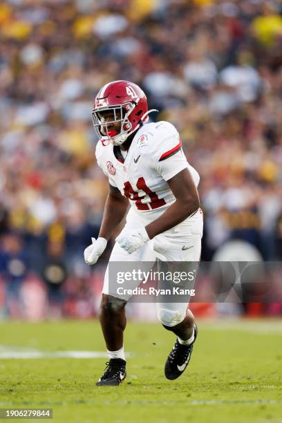 Linebacker Chris Braswell of the Alabama Crimson Tide runs around the edge during the CFP Semifinal Rose Bowl Game against the Michigan Wolverines at...