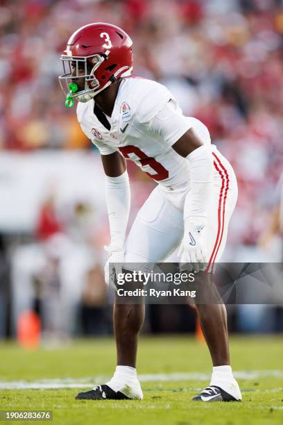 Defensive back Terrion Arnold of the Alabama Crimson Tide defends in coverage during the CFP Semifinal Rose Bowl Game against the Michigan Wolverines...