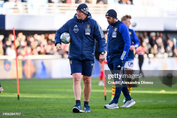 Gerald BASTIDE coach of Perpignan with David MARTY head coach of Perpignan during the Top 14 match between Union Sportive Arlequins Perpignanais and...