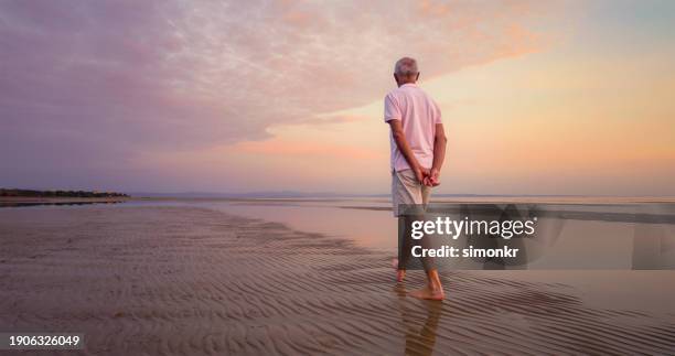 man walking on beach - mãos-atrás-das-costas imagens e fotografias de stock