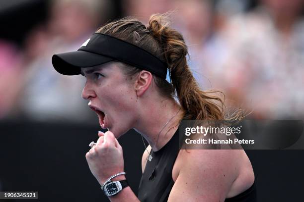Elina Svitolina of Ukraine celebrates a point in her match against Emma Raducanu of Great Britain during the 2024 Women's ASB Classic at ASB Tennis...
