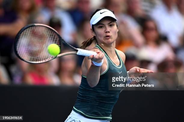 Emma Raducanu of Great Britain plays a forehand in her match against Elina Svitolina of Ukraine during the 2024 Women's ASB Classic at ASB Tennis...