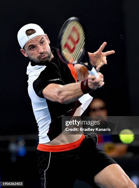 Grigor Dimitrov of Bulgaria plays a forehand in his match against Daniel Altmaier of Germany during day five of the 2024 Brisbane International at...