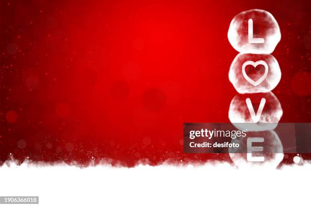 solid horizontal dark red maroon backgrounds with valentine day love theme dream like white color text l o v e wrapped in stacked bubbles or crystal ball tower over white coloured snow ground made of cotton ball and shiny snowflakes and one heart shape - cotton balls stock illustrations
