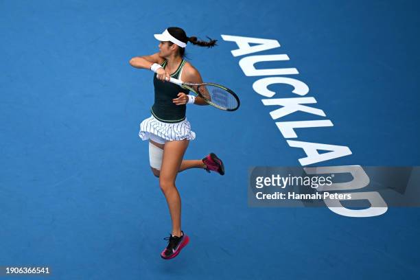 Emma Raducanu of Great Britain plays a forehand in her match against Elina Svitolina of Ukraine during the 2024 Women's ASB Classic at ASB Tennis...