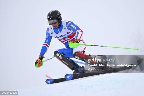 Hugo Desgrippes of Team France in action during the Audi FIS Alpine Ski World Cup Men's Slalom on January 7, 2024 in Adelboden, Switzerland.