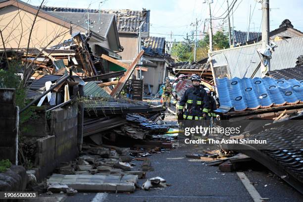 Rescue operation continue at Horyumachi district three days after multiple strong earthquakes on January 4, 2024 in Suzu, Ishikawa, Japan. A tsunami...