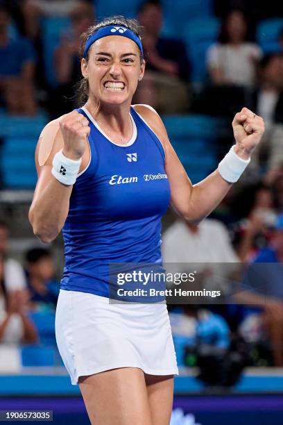 Caroline Garcia of France celebrates victory in the quarter-final match against Malene Helgo of Norway during the 2024 United Cup at Ken Rosewall...