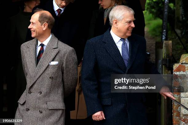 Prince Andrew, Duke of York and Prince Edward, Duke of Edinburgh leave the Christmas Morning Service at Sandringham Church on December 25, 2023 in...