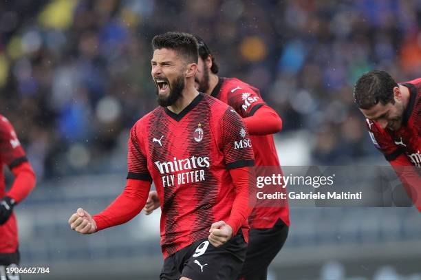 Oliver Giroud of AC Milan celebrates after scoring a goal during the Serie A TIM match between Empoli FC and AC Milan at Stadio Carlo Castellani on...