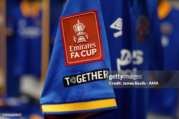 An Emirates FA Cup logo on the shirt sleeve of a Shrewsbury Town shirt during the Emirates FA Cup Third Round match between Shrewsbury Town and...