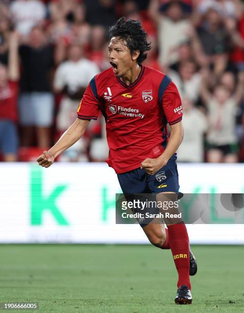 Hiroshi Ibusuki of Adelaide United celebrates scoring his second goal during the A-League Men round 11 match between Adelaide United and Wellington...