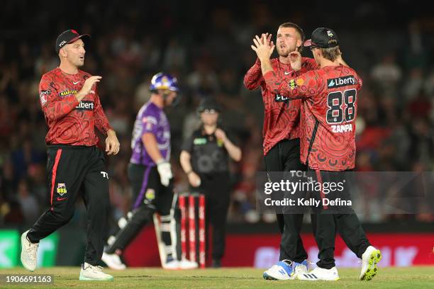 Fergus O'Neill of the Renegades celebrates bowling Caleb Jewell of the Hurricanes during the BBL match between Melbourne Renegades and Hobart...