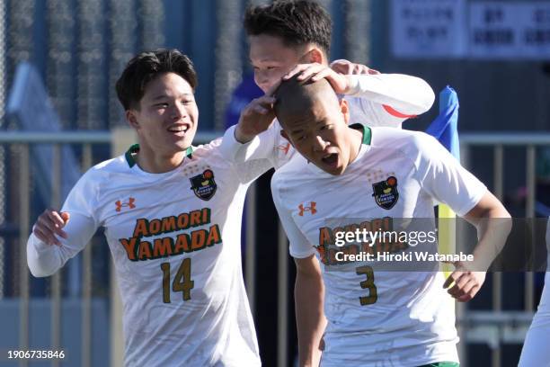 Souju Komuma of Aomori Yamada celebrates scoring his Team's first goal during the 102nd All Japan High School Soccer Tournament quarter final match...