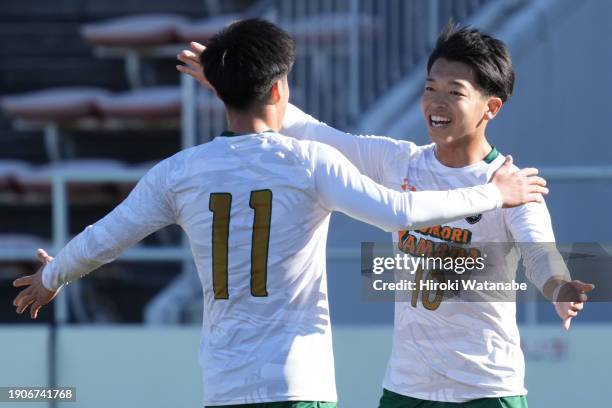 Rai Shibata of Aomori Yamada celebrates scoring his Team's third goal during the 102nd All Japan High School Soccer Tournament quarter final match...