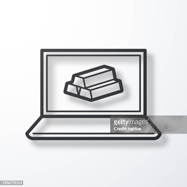 laptop mit goldbarren. liniensymbol mit schatten auf weißem hintergrund - 3d data bars stock-grafiken, -clipart, -cartoons und -symbole
