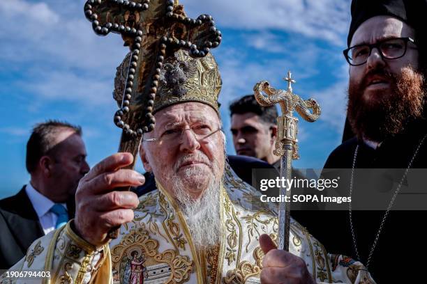 Greek Orthodox Ecumenical Patriarch Bartholomew I of Constantinople conducts the Epiphany mass during the Epiphany day celebrations at the Church of...
