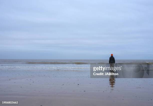 lone man stands on beach looking out to sea in north norfolk - yellow september stock pictures, royalty-free photos & images