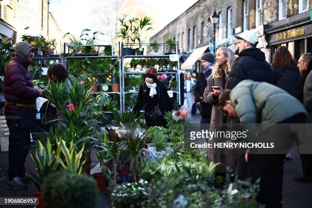 Customers buy plants on stalls at Columbia Road Flower Market, in east London on January 7, 2024.