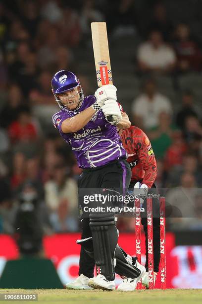 Sam Hain of the Hurricanes bats during the BBL match between Melbourne Renegades and Hobart Hurricanes at Marvel Stadium, on January 04 in Melbourne,...
