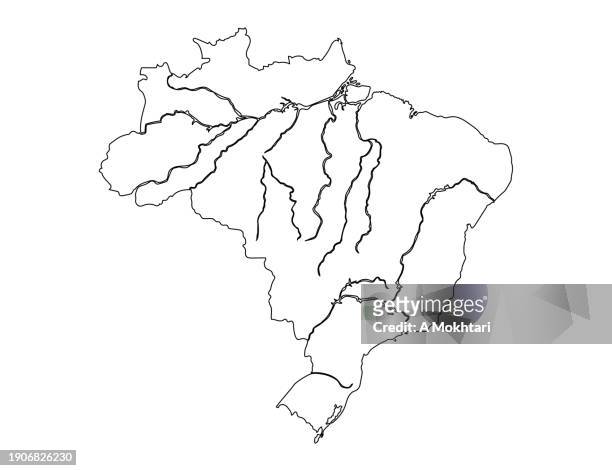 brasilien-karte im umriss mit fluss. - amazonas state brazil stock-grafiken, -clipart, -cartoons und -symbole