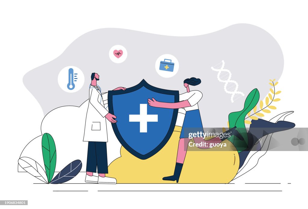 Doctor Protection Vector Male Doctor Delivers Medical Shield To Woman Medical Health Protection ...
