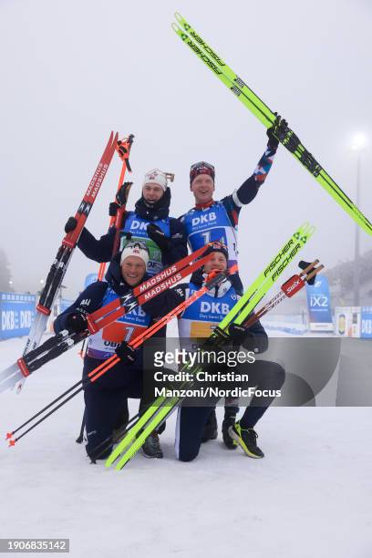 Race winners Endre Stroemsheim of Norway, Sturla Holm Laegreid of Norway, Johannes Thingnes Boe of Norway and Tarjei Boe of Norway pose for the...