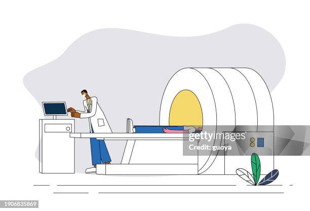 male doctor performs body scan on patient. - cat scan stock illustrations
