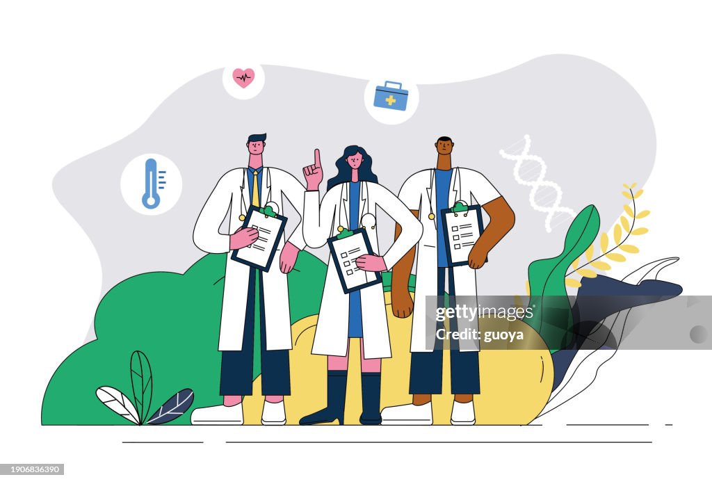 Three doctors, medical services concept illustration.