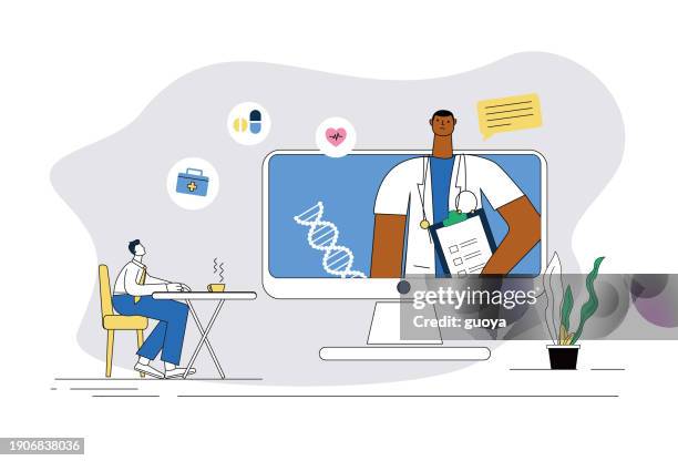 man consults short-haired male doctor on computer, remote video medical treatment. - electronic-medical-record-icon stock illustrations