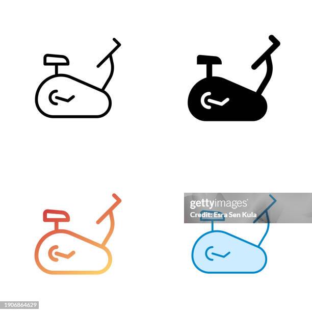 exercise bike universal icon design in four style with editable stroke. line, solid, flat line and color gradient line. suitable for web page, mobile app, ui, ux and gui design. - cycling class stock illustrations