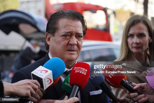 The bullfighter, Vicente Ruiz 'El Soro', gives emotional statements to the media on his arrival at the funeral chapel of the comedian Paco Arevalo,...