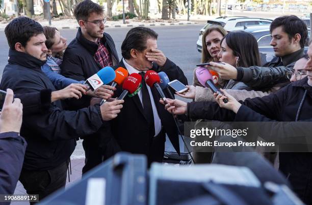 The bullfighter, Vicente Ruiz 'El Soro', gives emotional statements to the media on his arrival at the funeral chapel of the comedian Paco Arevalo,...