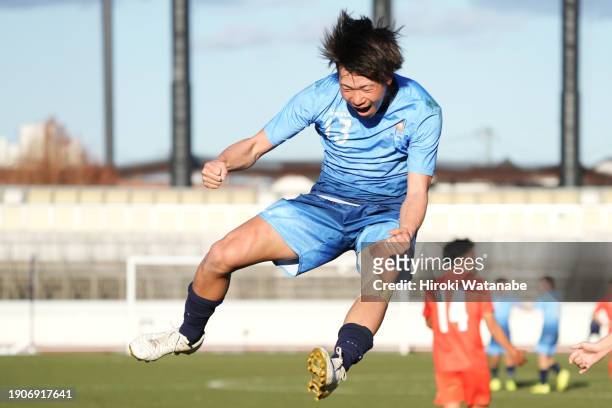 Ryo Yamamoto of Omi celebrates scoring his team's scond goal during the 102nd All Japan High School Soccer Tournament quarter final match between...