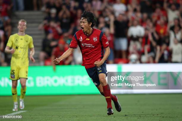 Hiroshi Ibusuki of Adelaide United celebrates a goal during the A-League Men round 11 match between Adelaide United and Wellington Phoenix at Coopers...