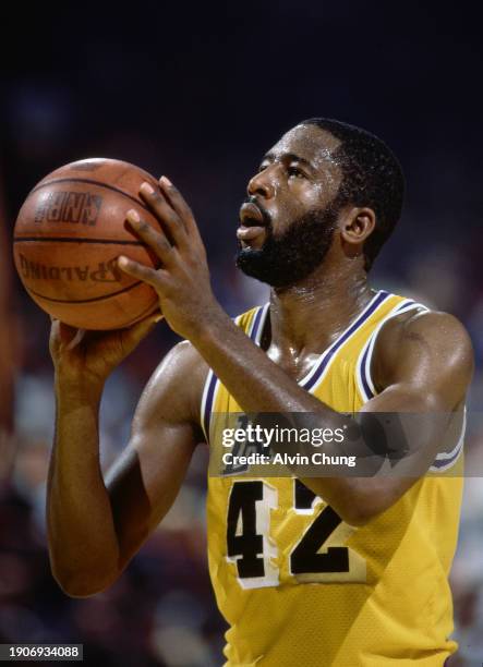James Worthy, Small Forward, and Power Forward for the Los Angeles Lakers prepares to shoot a free throw during the NBA Pacific Division basketball...
