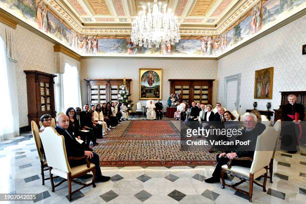 Pope Francis meets with members of the Missionary Fraternity of the Cities during an audience at trhe Apostolic Palace on January 04, 2024 in Vatican...