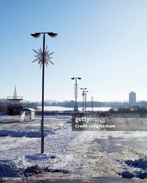 bleak town in winter. - solar street light stock pictures, royalty-free photos & images