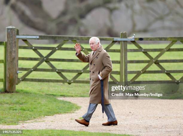 King Charles III attends the Sunday service at the Church of St Mary Magdalene on the Sandringham estate on January 7, 2024 in Sandringham, England.