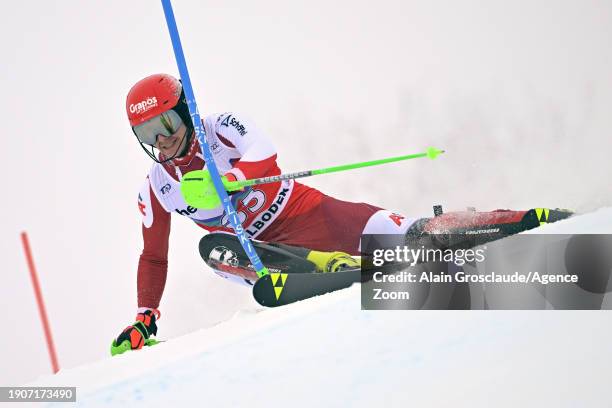 Dominik Raschner of Team Austria in action during the Audi FIS Alpine Ski World Cup Men's Slalom on January 7, 2024 in Adelboden, Switzerland.