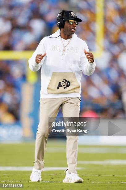 Head coach Deion Sanders of the Colorado Buffaloes looks on from the sideline during the first half of a game against the UCLA Bruins at Rose Bowl...