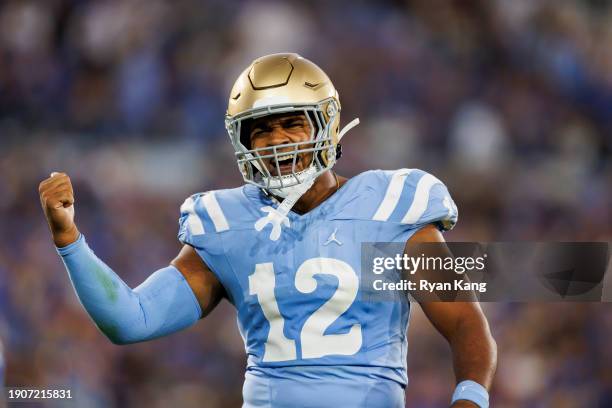 Grayson Murphy of the UCLA Bruins reacts during the first half of a game against the Colorado Buffaloes at Rose Bowl Stadium on October 28, 2023 in...